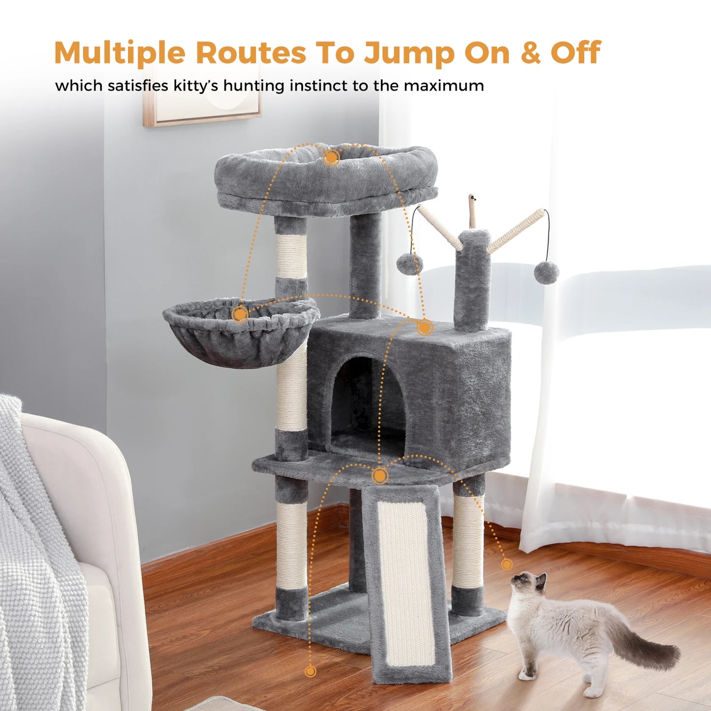 Cat Tree Tower Scratching Post Scratcher Cat House Kitten Toys with Big Conda Large High Perch Cat Hammock Hanging Balls - Wags & Whiskers Jumping Places