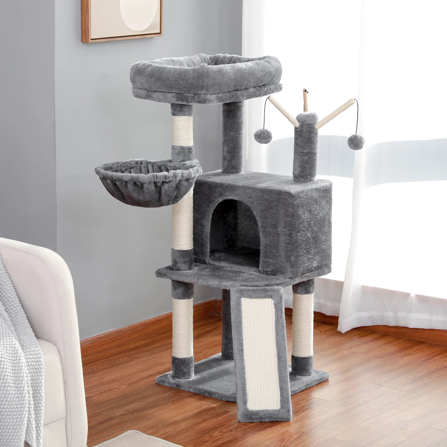 Cat Tree Tower Scratching Post Scratcher Cat House Kitten Toys with Big Conda Large High Perch Cat Hammock Hanging Balls - Wags & Whiskers